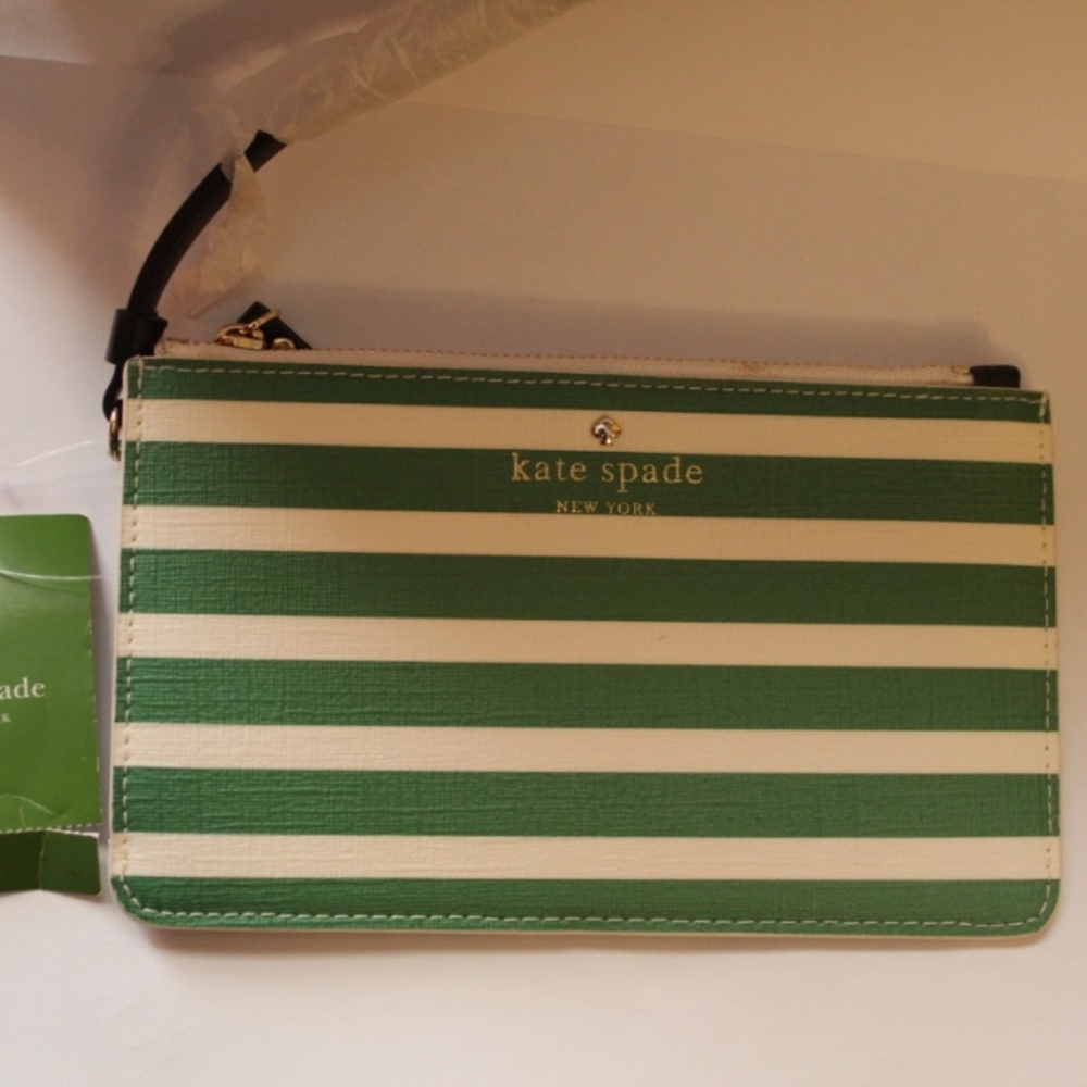 Kate Spade Green and White striped wristlet - Picture 2 of 6